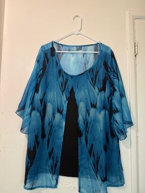 Abstract Blue Feather Print Layered Chiffon Kimono Blouse - 2XL